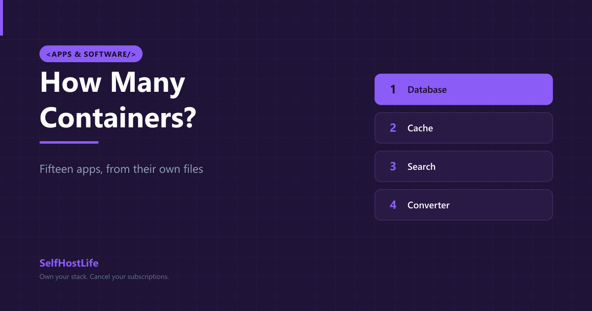 How many containers a self-hosted app needs — fifteen projects counted from their own compose files