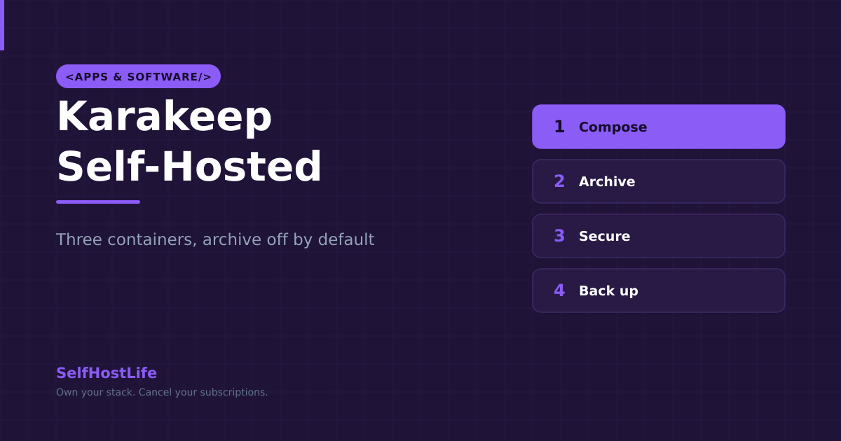 Karakeep self-hosted — the compose file, the archive switch, securing the crawler, and what to back up